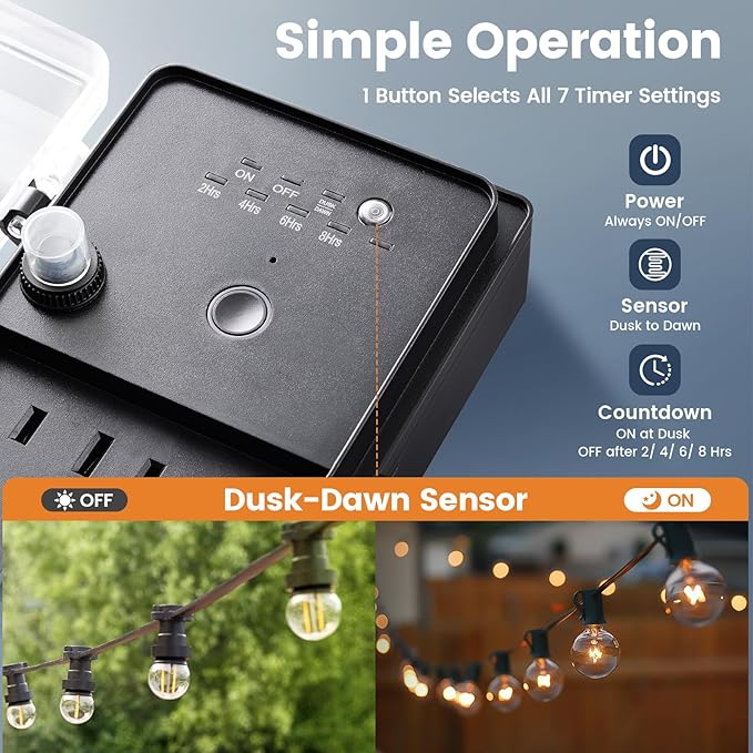 SURAIELEC Outdoor Power Stake Timer Waterproof, 100FT Wireless Remote Control, Photocell Dusk to Dawn Timer, 6 Electrical Outlets, 6FT Extension Cord, for Halloween Decoration, Outdoor Lights, Garden
