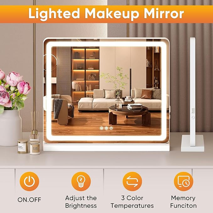 NEWBULIG 20"x22" LED Vanity Mirror with Lights, Lighted Smart Tabletop Makeup Mirrors for Desk, Touch Control Dimmable Brightness, 3 Color Lighting Modes