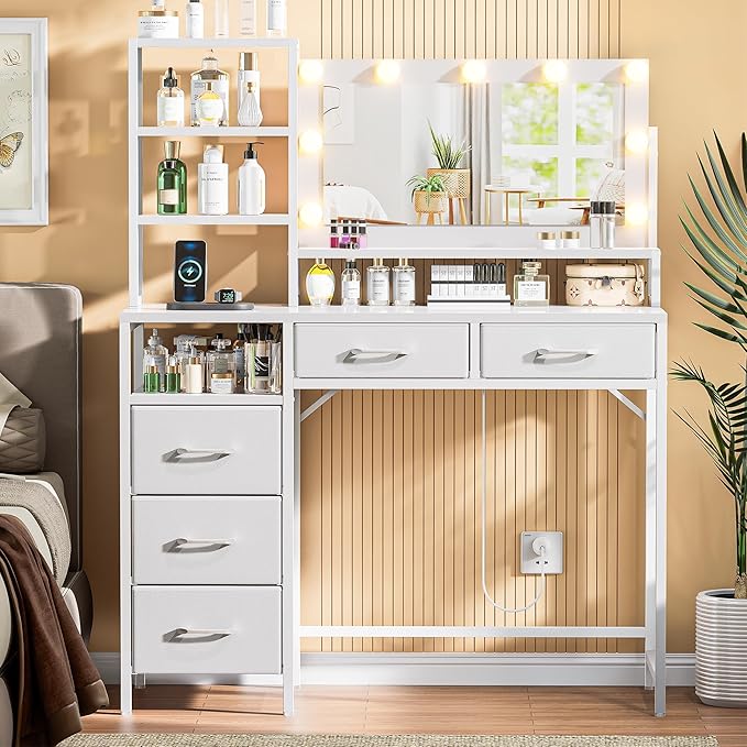 Vanity Desk with Mirror, 9 Lights, 3 Color Modes with Adjustable Brightness, 5 Spacious Fabric Drawers & Storage Shelves, Makeup Vanity with Power Outlets, Modern Vanity Table for Bedroom, White