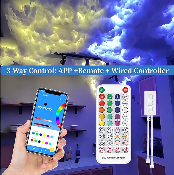 Thunder Glow DIY Storm Cloud Cotton Light Kit with 16.4ft LED Strip – Music Sync Cloud LED Lights for Ceiling, 16M Colors, Expandable Design for Bedroom, Gaming Room, Party Decor (Covers 32-54 Sq.Ft)