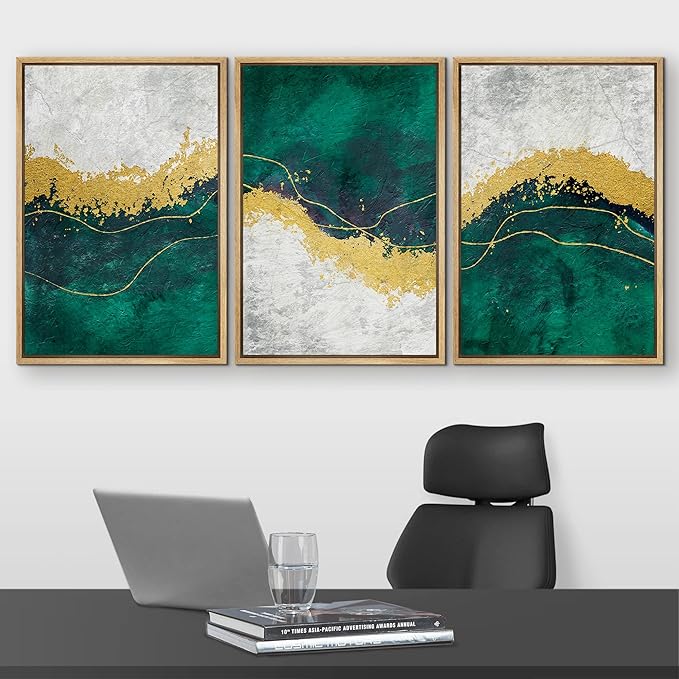 wall26 Framed Canvas Print Wall Art Set Geometric Gold Green Paint Strokes Abstract Shapes Illustrations Modern Art Decorative Multicolor Chic for Living Room, Bedroom, Office - 24"x36"x3 Natural