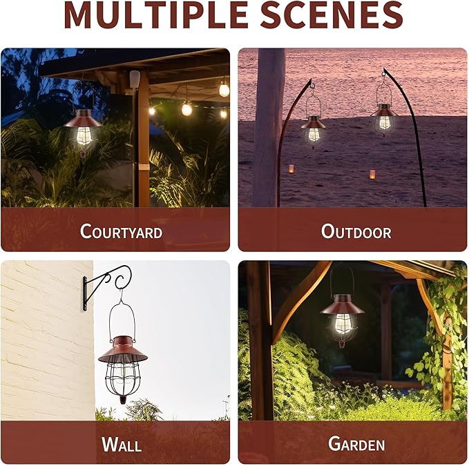 2 Pack Solar Lantern Outdoor Waterproof, Solar Lights Outdoor with Vintage Metal Warm White Edison Bulb Design, Hanging Lanterns Decorate for Garden Yard and Porch (Red)