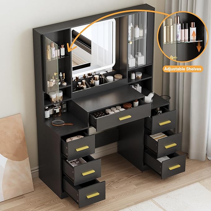 Vanity Desk with Mirror and Lights, Makeup Vanity with 7 Drawers, 2 Glass Door Cabinets, Charging Station, Adjustable Shelves, RGB Lighting, Hair Dryer Holder