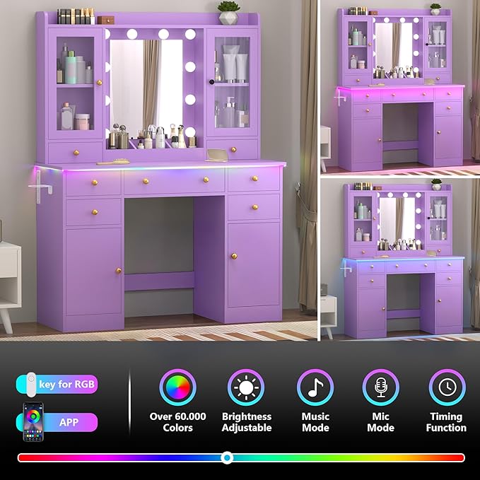 Vanity Desk with Mirror and Lights, 43" Purple Makeup Vanity Set with 5 Drawers & Glass Cabinets, Makeup Tray, Power Outlet & Adjustable LED Lights, Dressing Table for Women & Girls Bedroom