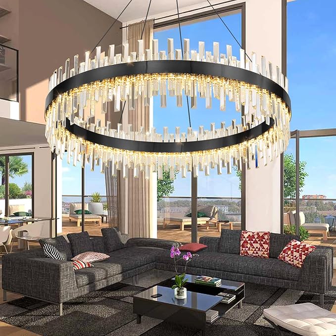 Glam Crystal Chandelier Large Ring Chandeliers with Remote Dimmable LED Light Adjustable Hanging Lights Luxury Ceiling Pendant Lighting Fixtures for Living Dining Bedroom Foyer Black Light
