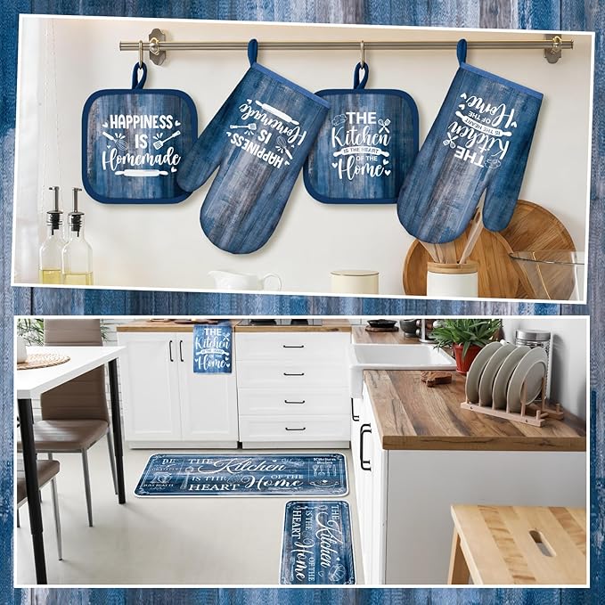 Fourluoo 10 Pcs Farmhouse Kitchen Decor and Accessories Set 4 Kitchen Towels 2 Pot Holders 2 Oven Mitts 2 Rugs for Cooking Baking Mom Housewarming Gifts(Blue,Classic Style)
