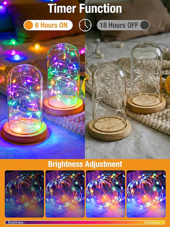 btfarm Fairy Lights Battery Operated with Timer 8 Modes, 16.4 FT 50 LED Silver Wire Twinkle String Lights Battery Powered Dimmable Waterproof for Indoor Home Party Wedding Christmas Decor, Multicolor
