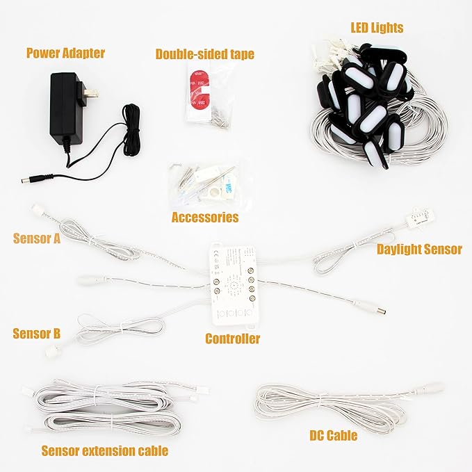 Motion-Triggered LED Stair Lighting Kit SSL-0516-B, Dimmable Delay Lights Off Day/Night Function Suilt for Indoor Stair Lights (Warm White 3000K, 16 Stairs)