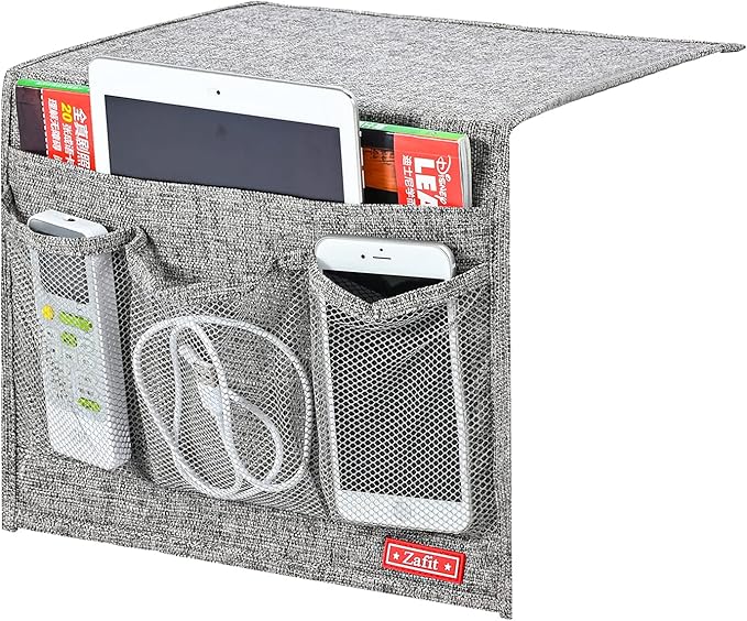 Linen 4 Pockets Bedside Caddy, Bedside Storage Organizer for Magazine, Remotes, Phone (Classic Grey)