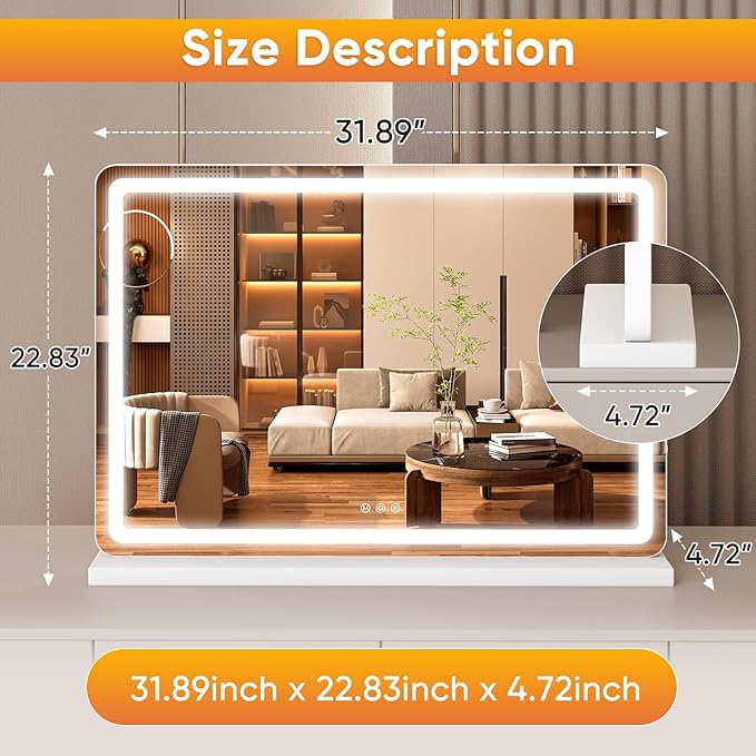 Sweetcrispy 22"x32" LED Vanity Mirror with Lights, Dimmable 3 Color Modes Makeup Mirror with Memory Function, USB Charging, Aluminum Frame, Lighted Mirror for Desk or Bedroom