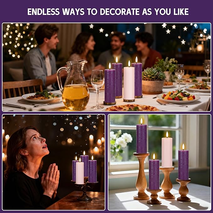 Flameless Advent Candles Set of 4, Real Wax Advent Pillar Candles Battery Operated 9.6", Purple and Pink Christmas LED Candle for Wreath, Christ, Home, Church, Catholic Decoration