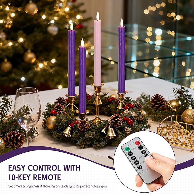 Flameless Advent Candles Set of 4, Real Wax Advent Taper Candles Battery Operated 9.6", Purple and Pink Christmas Candlesticks for Wreath, Christ, Home, Church, Catholic Decoration