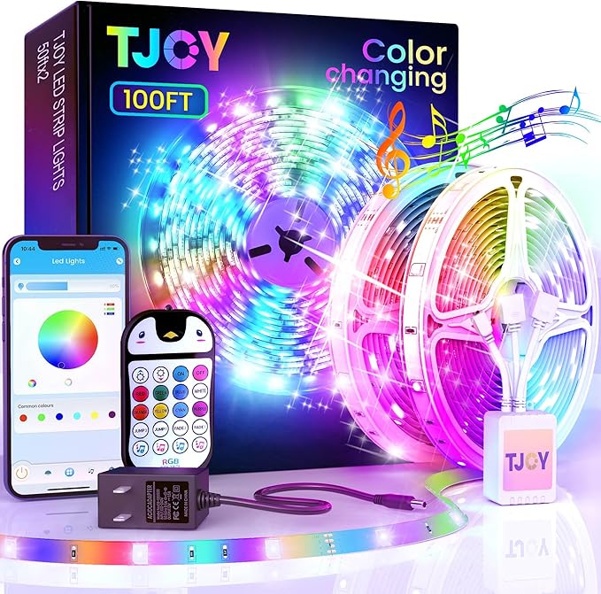 100ft Kids Bluetooth LED Strip Lights, Music Sync LED Light Strip RGB Color Changing Lighting with Penguin Style Remote, APP Control, Smart Lighting for Bedroom, TV, Room DIY (APP+Remote +Mic/50ftx2)