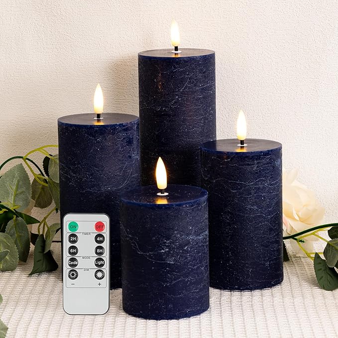 Blue Flameless Pillar Candles, Battery Operated Candles with Remote, Real Wax Flickering LED Candles for Home Party Wedding Holiday Decor, Set of 4, Φ 3" H 4" 5" 6" 8"