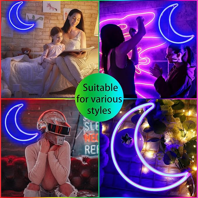 LED Blue Moon Neon Light, Cute Neon Moon Sign,Christmas Room Decor Battery or USB Powered 5V Art LED Decorative Lights Night Lights Indoor for Home, Bedroom, Office,Dorm,Party (Blue Moon)
