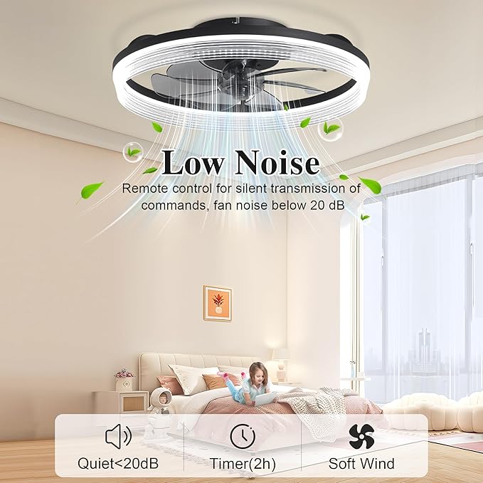 Ceiling Fans with Lights and Remote Fandelier - Black 20'' Flush Mount Low Profile Modern Ceiling Fans for Bedroom - Stepless Color Temperature and 6 Speeds