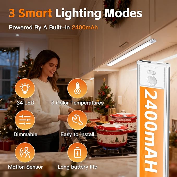 15.7inch Motion Sensor Cabinet Lights, 2400mAh 74 LED Beads, USB-C Charging, 3 Color Temperatures, for Long Lasting Durability Easy to Install, Magnetic Under Cabinet Lights for Kitchen (2 Pack)