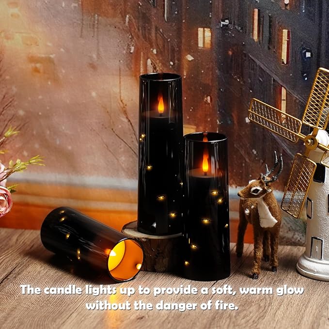 Flameless LED Candles with Timer 9 Pc Flickering Flameless Candles for Romantic Ambiance and Home Decoration Stable Acrylic Shell,with Embedded Star String,Battery Operated Candles（Black）