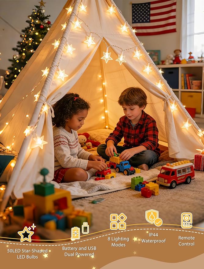 Star String Lights Battery&USB Powered,16.4FT 50LED Star Fairy Lights with Remote, Hanging Star Lights for Home, Kids Tent, Bedroom,Porch, Classroom, Christmas,Party,Room Decor,Warm White