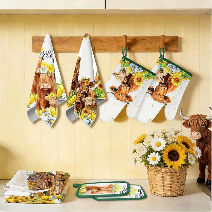 8 PCS Highland Cow Kitchen Decor and Accessories - 4 Dish Towels Set 2 Oven Mitts and Pot Holders Sets for Cooking Baking Home Sweet Home Sunflower Cattle Watercolor Farmhome Housewarming Gift