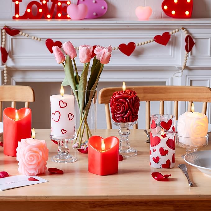 Valentines Day Heart Candles, Real Wax Flameless Pillar Candles with Remote, Real Wax Flickering LED Pillar Candles Valentine's Day Candles Gifts for Her Him Wife Mom Home Party Decor, 3 Pack