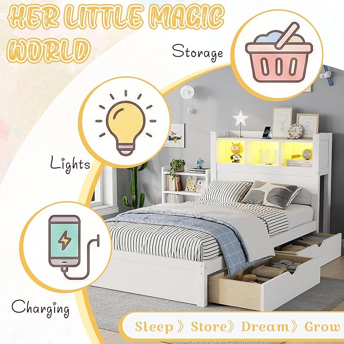 Kids Twin Bed Frame with Drawers & Storage Headboard, Solid Wood Platform Bed with Pull-Out Cabinet, Built-in LED Light & Charging Station, No Box Spring Needed, White