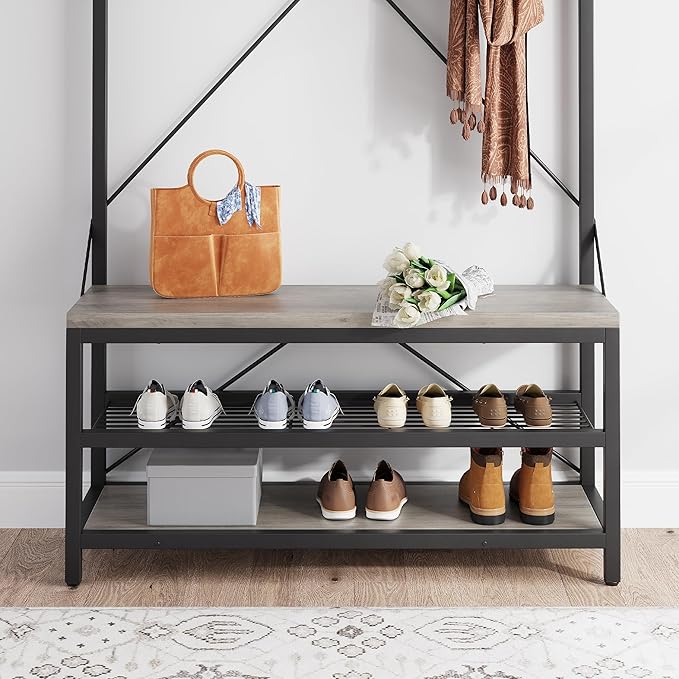 Hall Tree with Bench and Shoe Storage, Entryway Coat Rack with 2-Tier Shoe Bench, Hallway Organizer with Hooks, Hanging Rod and Top Shelf for Hallway Mudroom Bedroom, Grey