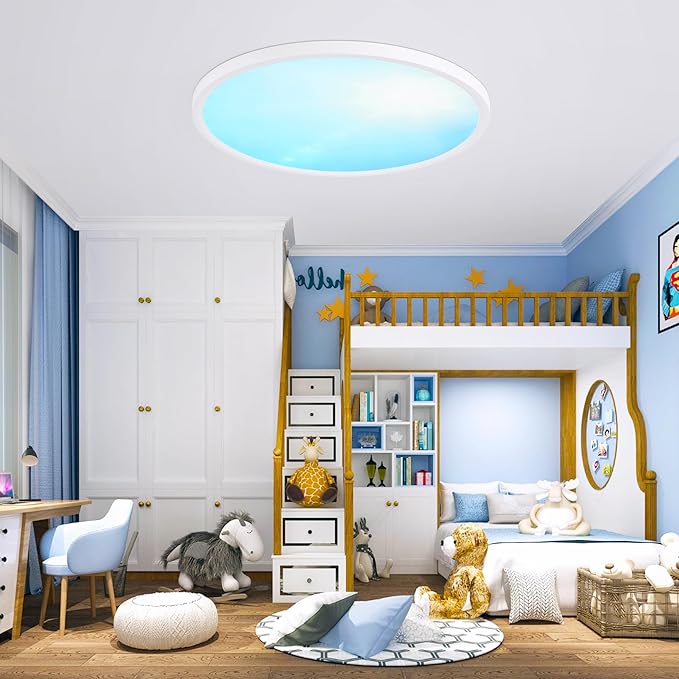 20 Inch Flush Mount Ceiling Light Fixture,43W Dimmable Ceiling Light with Remote, 3000K/4500K/6000K Adjustable White Ceiling Lights, Blue Sky LED Round Flat Panel Light for Kitchen, Bedroom