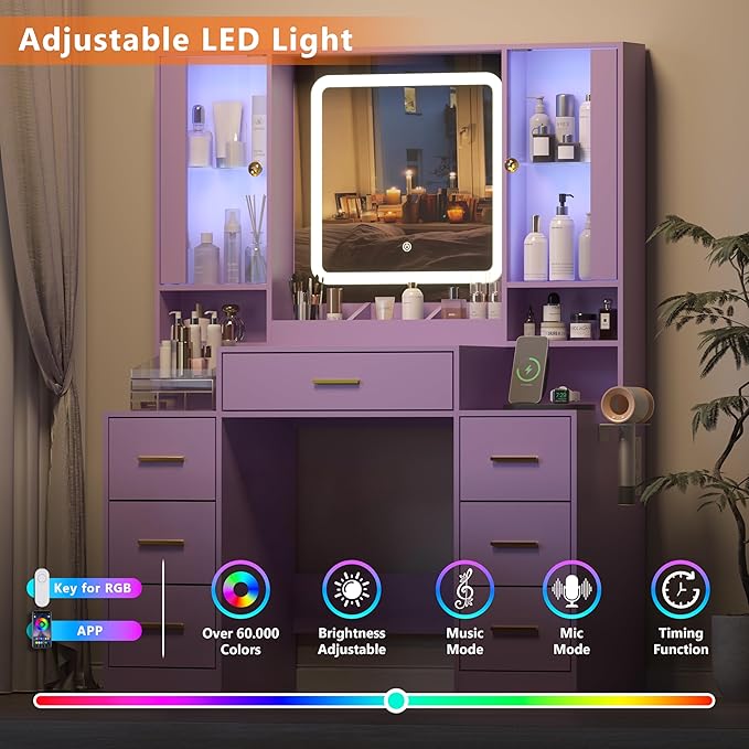 Purple Makeup Vanity Desk with Mirror & Lights, Modern Vanity Table with Charging Station, 7 Drawers, Glass Cabinet, Adjustable Shelves, Bedroom Dressing Table Set for Women & Girls