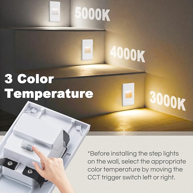 FTL 12-Pack Step Lights Indoor Outdoor Stair Lights LED Dimmable, 120V 3 Color Changing 3000K/4000K/5000K Deck Step Light 150LM 3.5W, White Vertical Waterproof Aluminum for Staircase