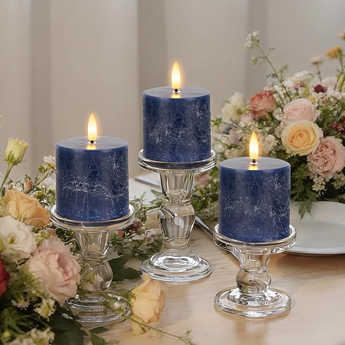 Navy Blue Flameless Candles with Remote and Timer, 3"x3" Real Wax Battery Operated Pillar Candles with 3D Flickering Flame, Set of 3