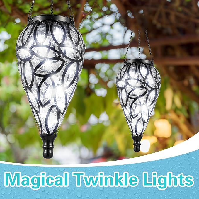 2 Set Solar Hanging Lantern Lights Outdoor Chandelier Moroccan Hanging Solar Light Tear-Shaped 15 LEDs Cool White with S Hooks for Summer Garden Yard Pathway Landscape Porch Decor(Transparent)