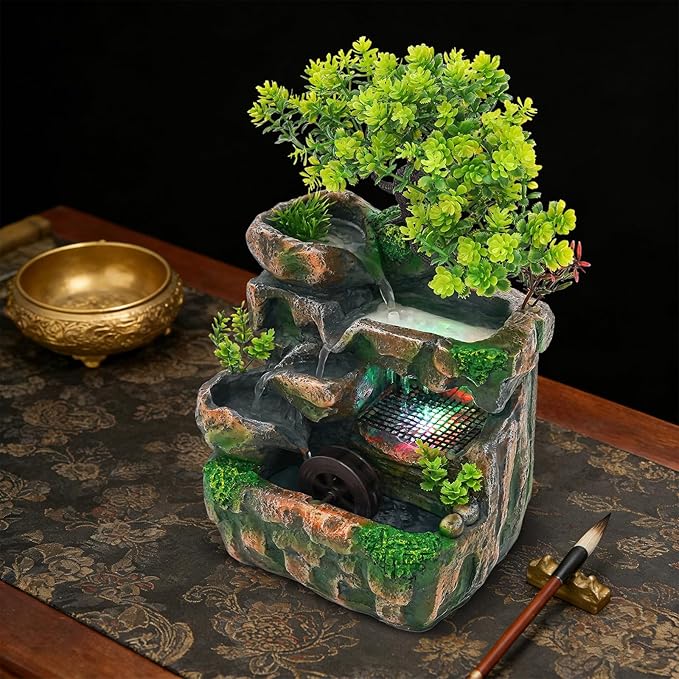 Desk Waterfall Fountain, Water Fountains Indoor Bonsai Desktop Ornament with LED Light, Zen Meditation for Home Office Bedroom Atomizing Humidifier Desk Decoration