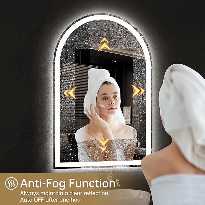 Arched Bathroom Mirror with Lights 28"x40"- Frameless LED Mirror for Bathroom, Fogless, Dimmable, 3 Color Changing, Shatterproof, Touch Sensor