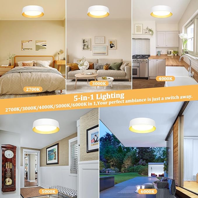 BrightHome 2-Pack 16in Flush Mount LED Ceiling Light, 30W(300W Equiv) 3000LM, 5CCT 2700K 3000K 4000K 5000K 6000K, Dimmable Modern Flush Mount Light for Bedroom, Bathroom, Hallway, White and Gold