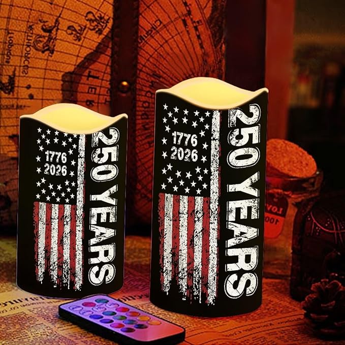 American Flag Battery Operated LED Candles 1776-2026 250th Anniversary Flameless Flickering Remote Independence Day Patriotic Candle Celebratory Decor for Fireplace Porch, 4 Pack