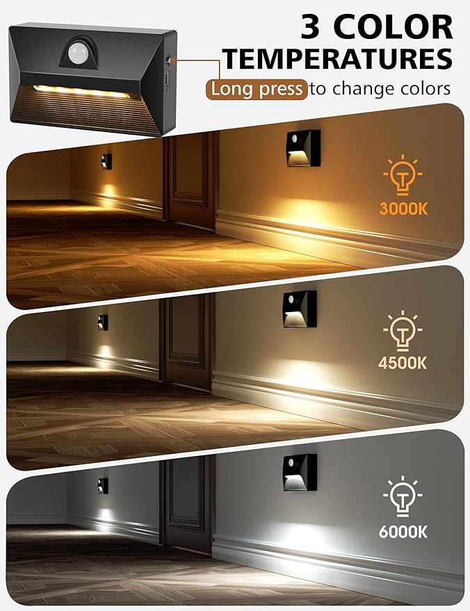 NIORSUN Motion Sensor Night Light, Rechargeable Stair Lights Indoor, 3 Colors and Motion Modes Battery Night Light with Light Sensor for Stairway, Hallway, Bathroom, Kitchen, Bedroom Black 8 Pack