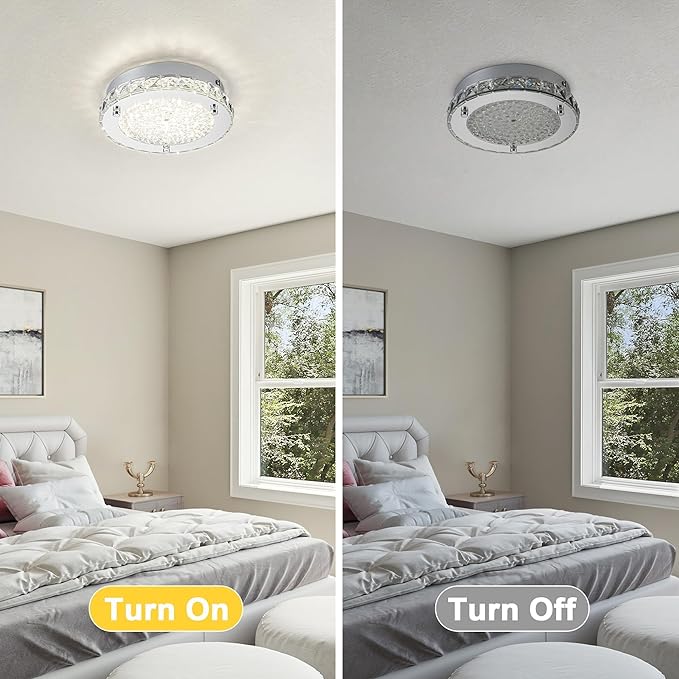 Flush Mount Crystal Ceiling Light Modernn Ceiling Mounted Light Hallway Light Fixtures LED 4000K Round Ceiling Light 8 Inch for Small Space, Bedroom, Foyer, Entryway, Bathoom, Kitchen