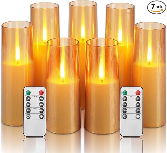 Homemory Amber Flameless Battery Operated LED Candles with Remote Control, Flickering Pillar Candles, 7-Piece Set for Multi-Use Decor, Timer Function Included