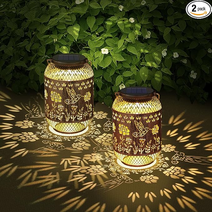 Solar Lanterns Outdoor Waterproof - Hummingbird Solar Lights for Garden, Hanging Metal Lantern Decor for Patio, Yard - Christmas Mothers Day Gifts for Women, Mom, Grandma (Hummingbirds, 2)