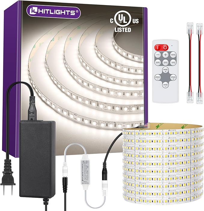 HitLights White LED Strip Lights Kit with Remote & 24V Power Supply, 16.4ft Dimmable Tape Light 4000K, 600 LEDs, 425 lm/ft, CRI 90+, IP30, UL Listed, Lighting for Living Room, Kitchen, Under Cabinets