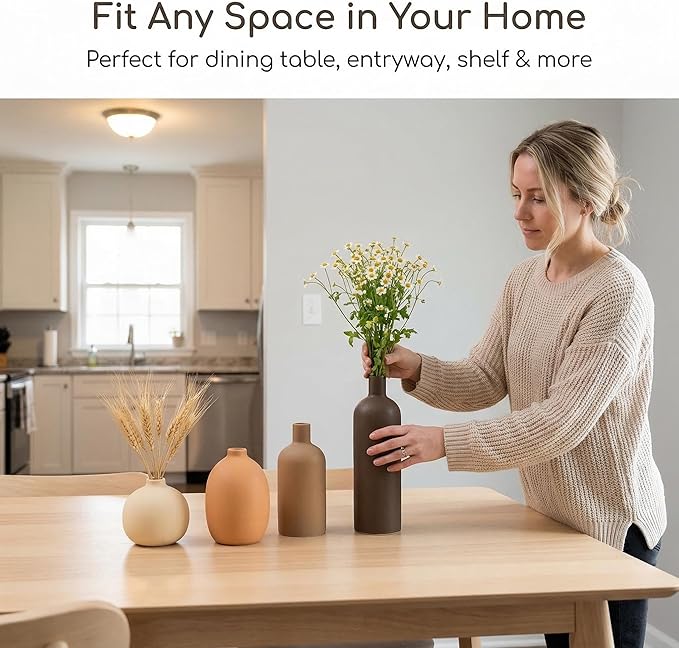 Ceramic Vase Set of 4, Modern Neutral Colors Home Decor, Rustic Farmhouse Decorative Flowers Vases for Bouquet, Pampas | Table Mantel Centerpiece Bookshelf Living Room Bedroom (Neutral Mix Set of 4)