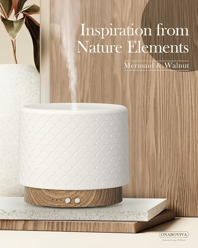Essential Oil Diffuser -280ml Ceramic Diffuser for Large Room&Commercial Use, 2.4MHz Cool Mist Humidifier & Independent Decorative Light & Aromatherapy Diffuser, Pulse&Continuous Mist, Timer, Auto-Off