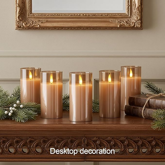 5plots Flameless Battery Operated Candles Set of 2, Gold LED Candles with Remote Timer, Real Wax Glass Pillar Candles Warm Flickering Light for Indoor Home, Halloween, Christmas Decor D3 x H6 6"