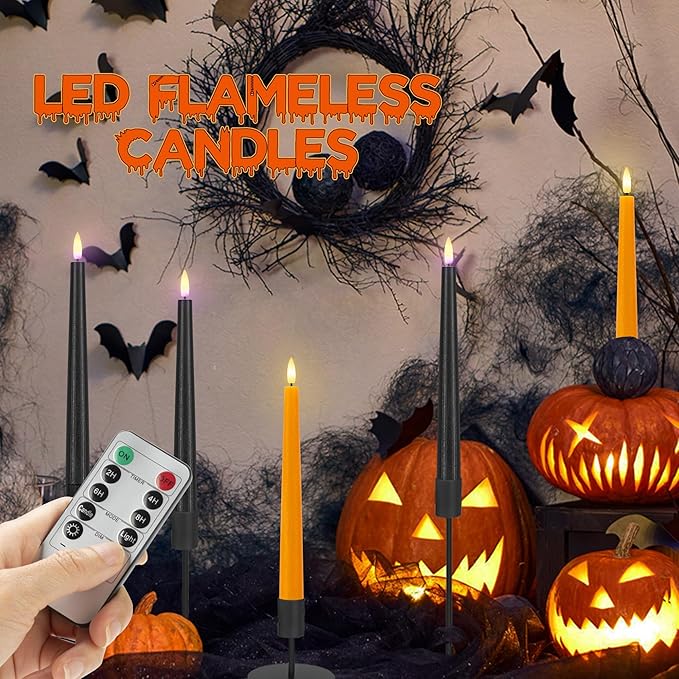 Orange and Black Flameless Taper Candles Flickering, Real Wax Halloween Candles with 2 Remote & Timer, Battery Operated Halloween Led Candle for Party Home Decor 6 Pack