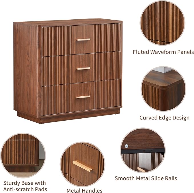 Fluted Dresser for Bedroom with 3 Drawers,31.5"Wide Modern Chest of Drawers with Metal Handle,Large Storage Dresser, Wood Closet Clothes Storage Organizer for Nursery Living Room Hallway,Walnut 2 Sets