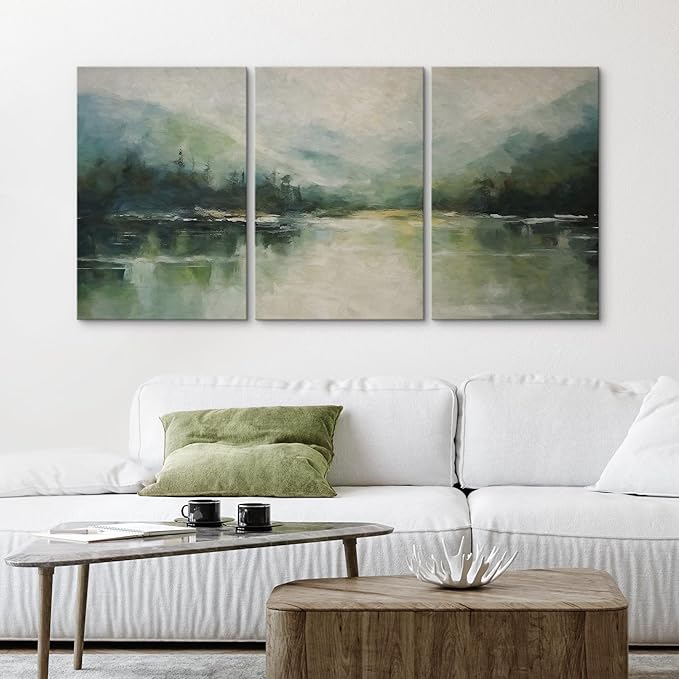 wall26 Canvas Print Wall Art Set Emerald Green Watercolor Mountain Range Forest Nature Wilderness Illustrations Modern Art Decorative Rustic Relax/Calm Colorful for Bedroom - 24"x36" x 3