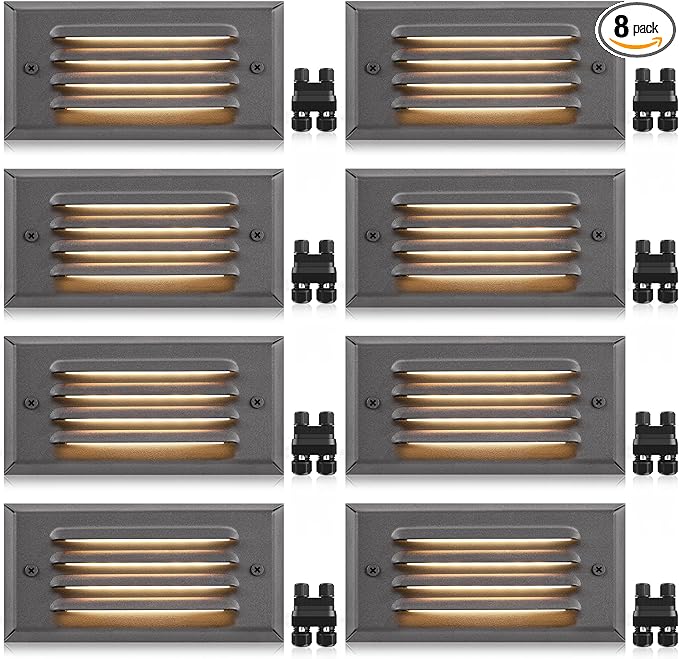 SUNVIE Low Voltage Step Lights - Outdoor Stair Lights 5W LED with Horizontal Louver Faceplate for Steps, Stairs, Fences 12V 3.2FT ETL Listed Wire Fastlock2 Connectors Included, 8 Pack
