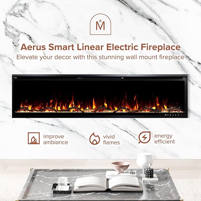 Modern Ember Aerus Slim 72 Inch Smart Linear Electric Fireplace | Recessed in-Wall or Wall-Mount | LED Multiple Flame Colors | Alexa/WiFi Enabled | 4.25” Profile | Remote Included