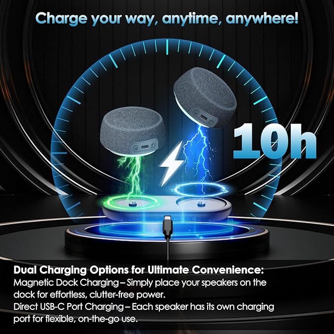 Dual Bluetooth Speaker Set with Magnetic Base & Phone Stand - TWS Stereo Sound, 10H Playtime, 3H with RGB Music Lights On- Bluetooth Wireless Speaker for Home Theater, Outdoor,TV Watching, Multi Room
